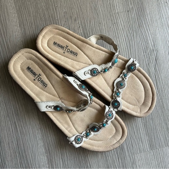 [10] Minnetonka Boca Edge Western White Strap Sandal with Turquoise Jewels Women - Picture 5 of 12